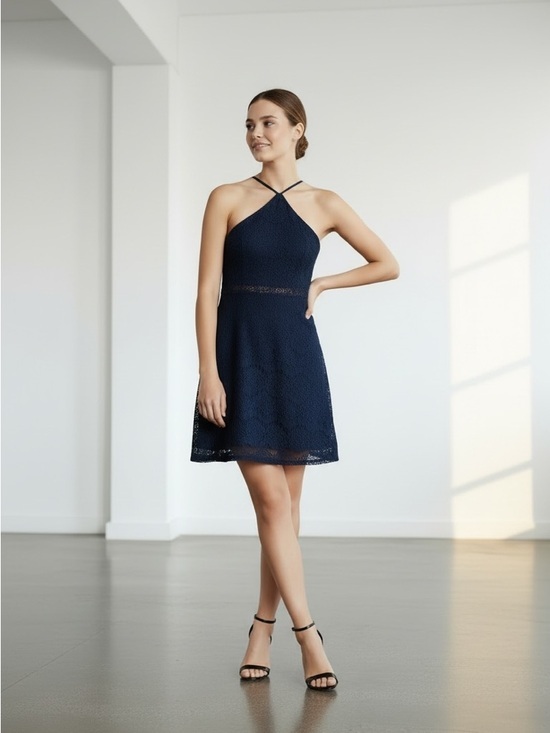 Dresses & Skirts - Navy Halter Lace A-Line Dress